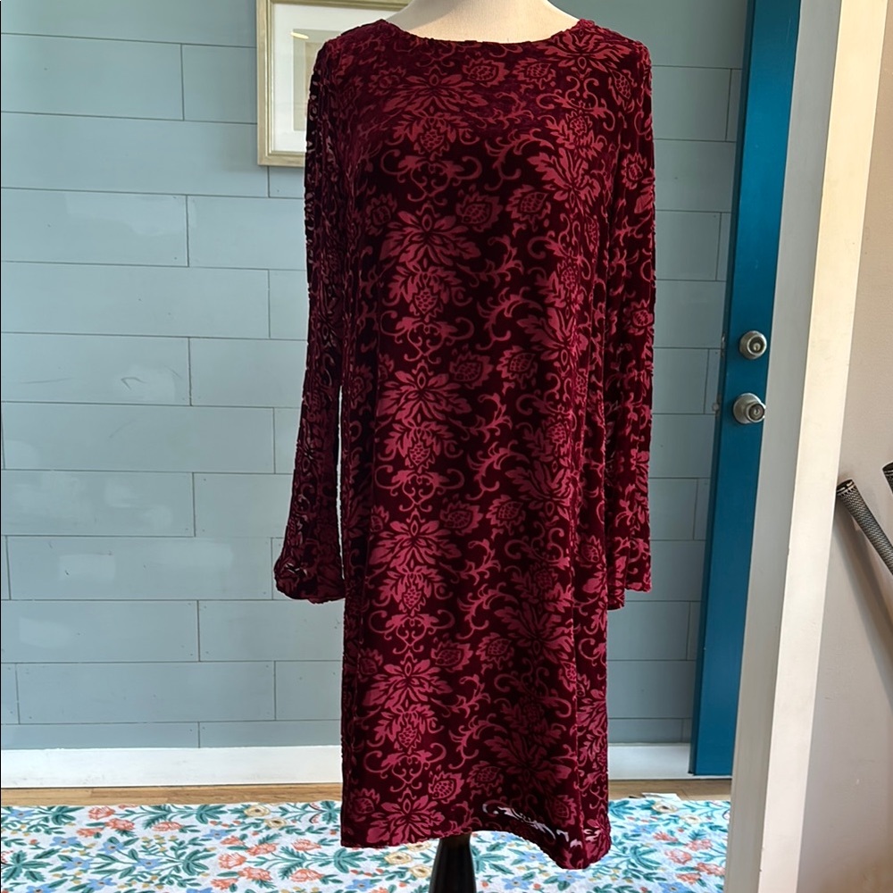 Sundance Burgandy Velvet Burnout Dress‎ with Bell Sleeves